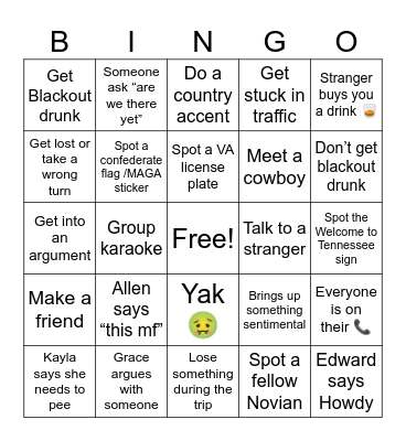 Road Trip! Bingo Card