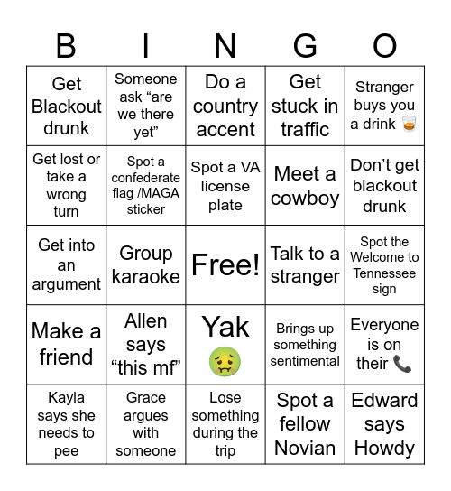 Road Trip! Bingo Card