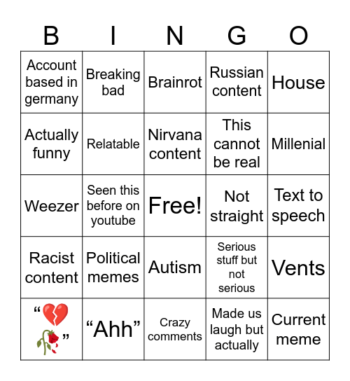 Insta reels bingo Card