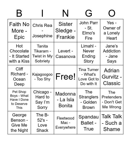 80's Bingo at Brother's Bingo Card