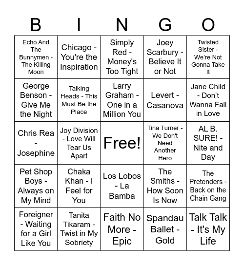 80's Bingo at Brother's Bingo Card