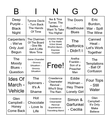 70's Bingo at Brother's Bingo Card