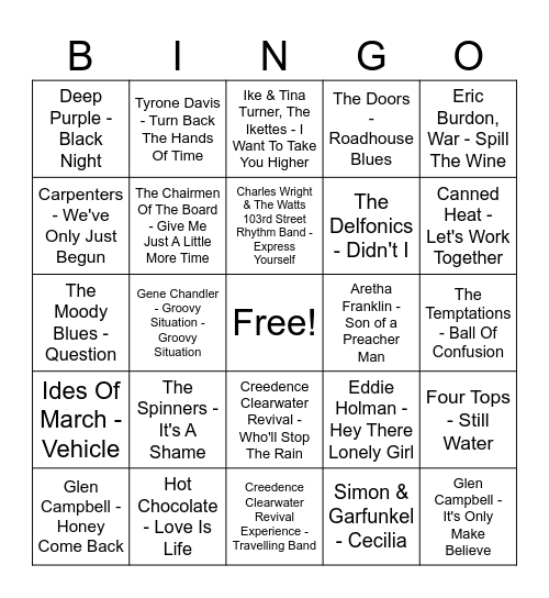 70's Bingo at Brother's Bingo Card