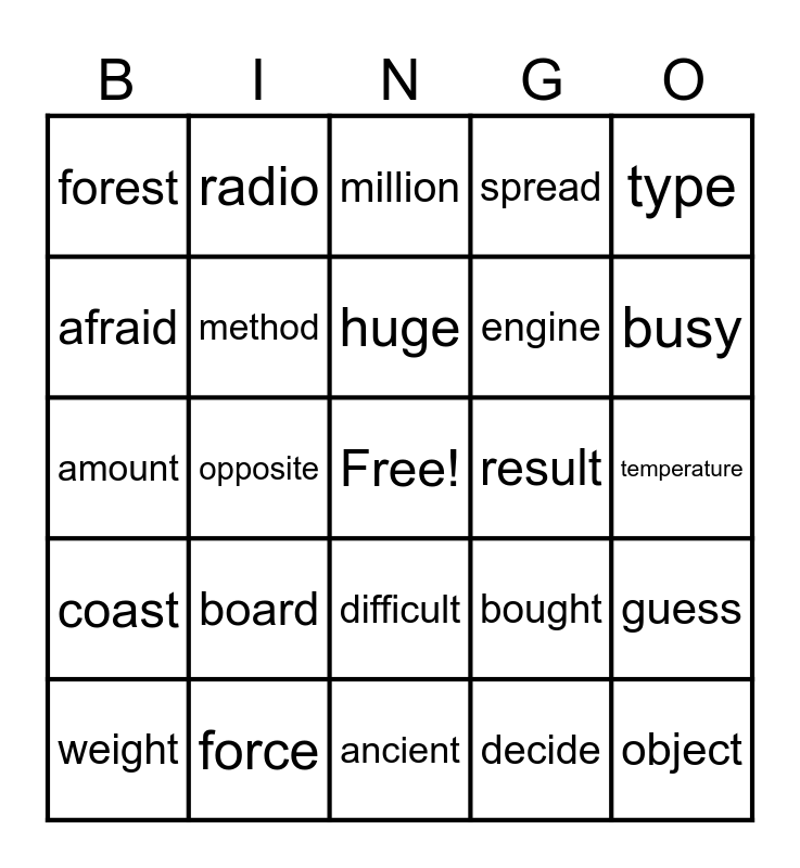 High Frequency Bingo Card