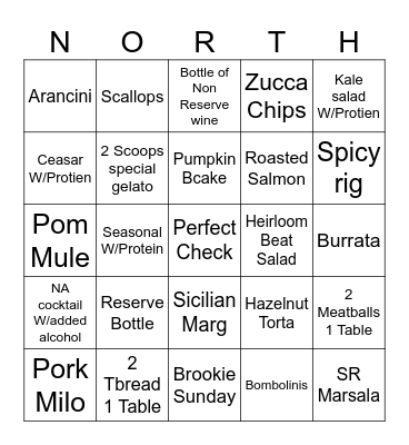 Dinner Bingo 10.10 Bingo Card