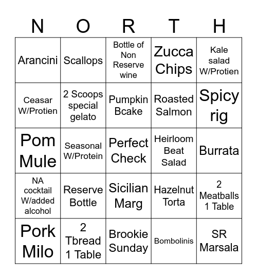 Dinner Bingo 10.10 Bingo Card
