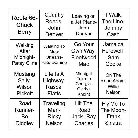 Traveling Music Bingo Card