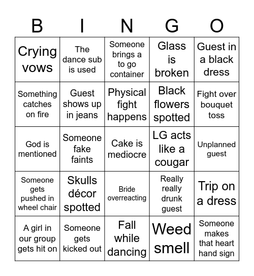 Wedding Drama Bingo Card