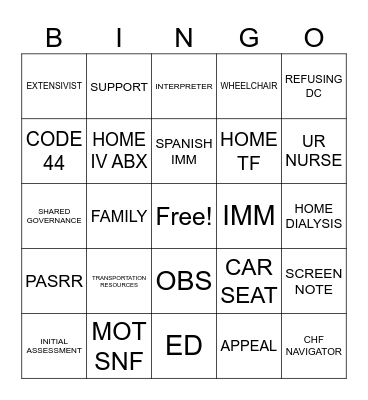 Case Management Bingo Card