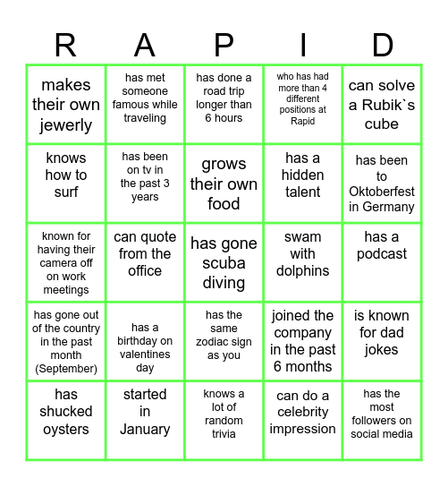 Get to know your Team! Bingo Card