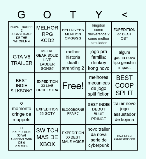 goty awards 2025 Bingo Card