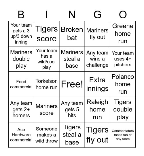 Mariners v Tigers Bingo Card
