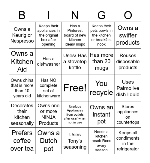 Kitchen Bingo Card