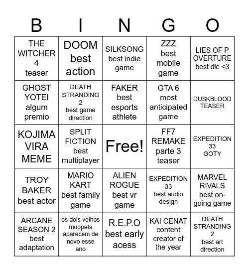 The Game Awards 2025 Bingo Card