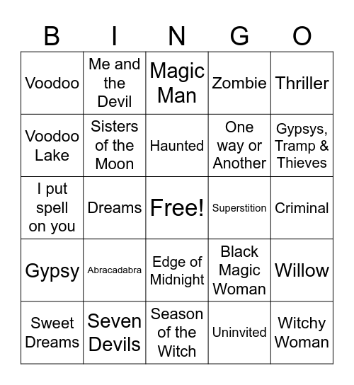 Witchy Season Songs Bingo Card