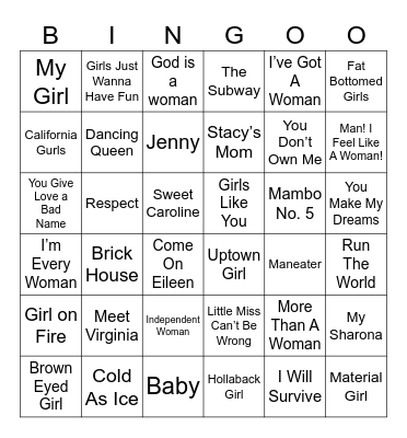 Songs About Women Bingo Card