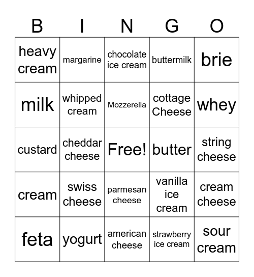 Dairy Bingo Card
