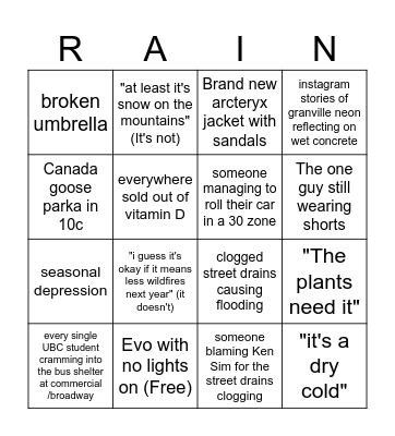 First dark cold rainy day in Vancouver Bingo Card