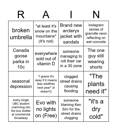 First dark cold rainy day in Vancouver Bingo Card