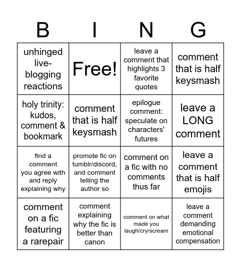 Fiends & Fangs: Comment Bingo Card
