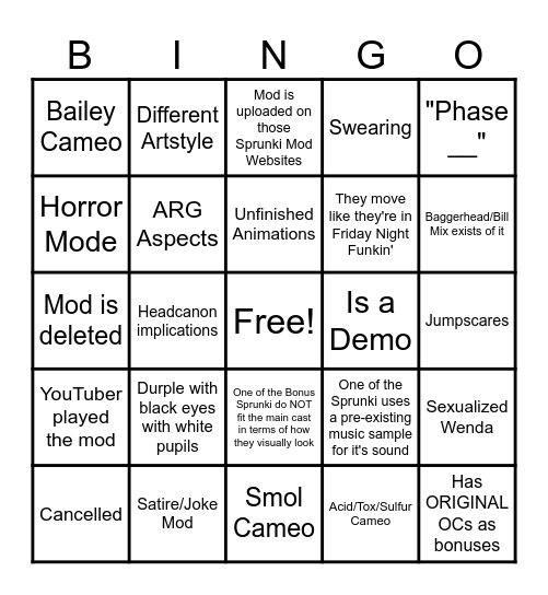 Sprunki Mod Bingo Card