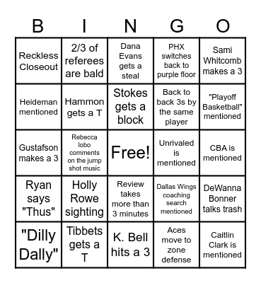 WNBA Championships Game 4 Bingo Card