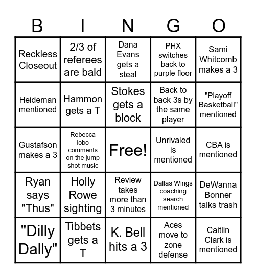WNBA Championships Game 4 Bingo Card