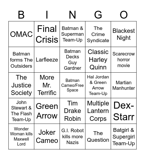 DCU Predictions Bingo Card