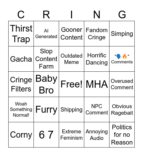 Cringe 2025 Bingo Card