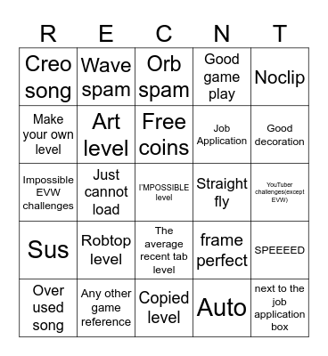 Geometry dash recent tab bingo Card