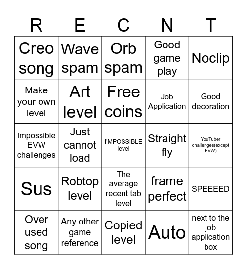 Geometry dash recent tab bingo Card