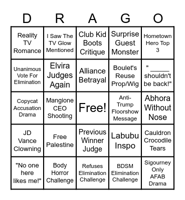 Dragula Titans Season 2 Bingo Card