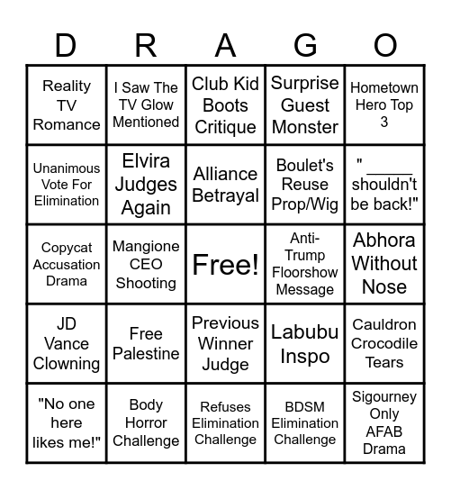 Dragula Titans Season 2 Bingo Card