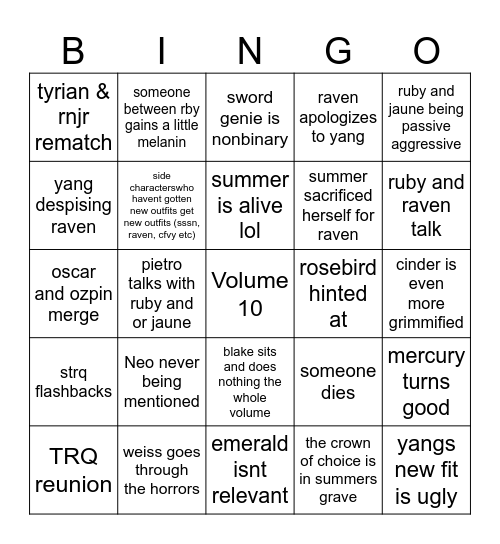 RWBY Volume 10 Bingo Card