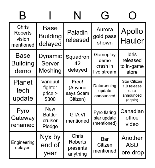 CitizenCon 2955 Bingo Card