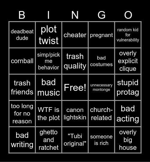 Tubi movie Bingo Card
