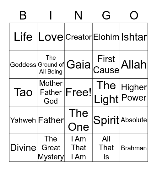 God Name Bingo Card