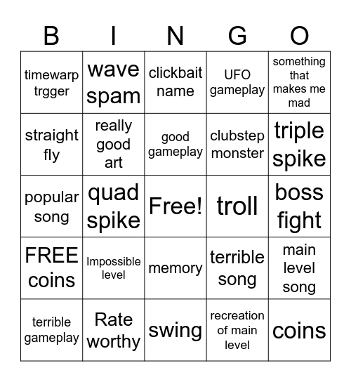 Geometry dash Recent Tab Bingo Card