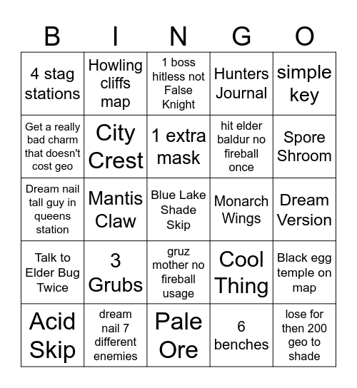 Hollow Knight Whewre California Dies of Heat Stroke Bingo Card