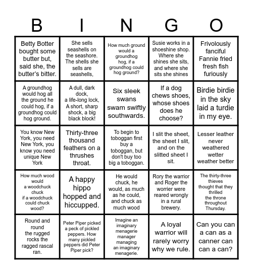 TOUNGE TWISTER Bingo Card