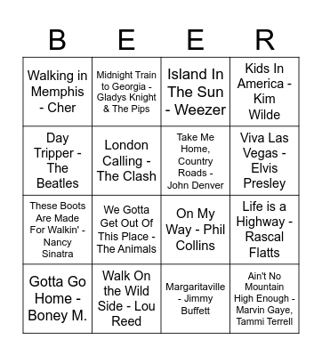 Going Places Bingo Card