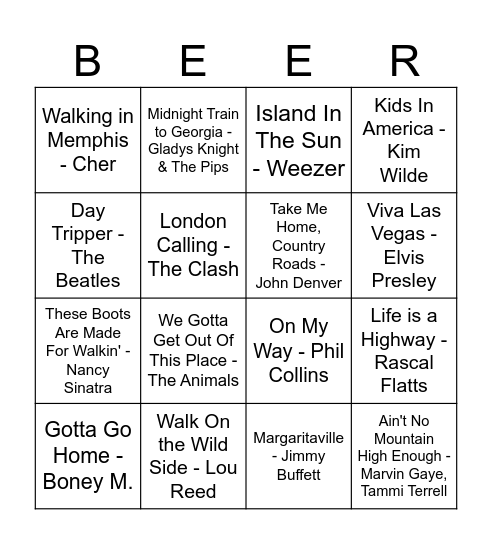 Going Places Bingo Card