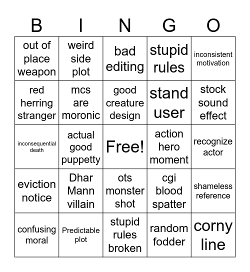Crypt Bingo Card