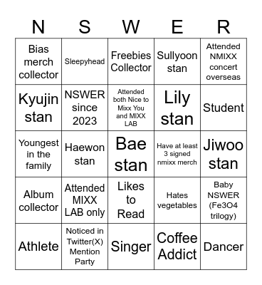 NSWER Bingo Card