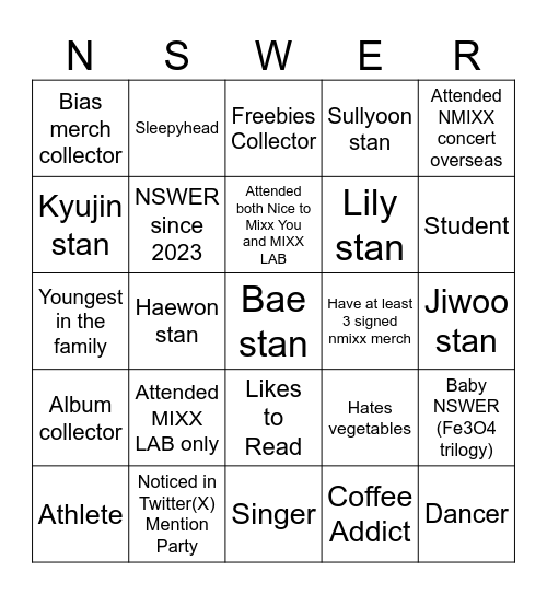 NSWER Bingo Card