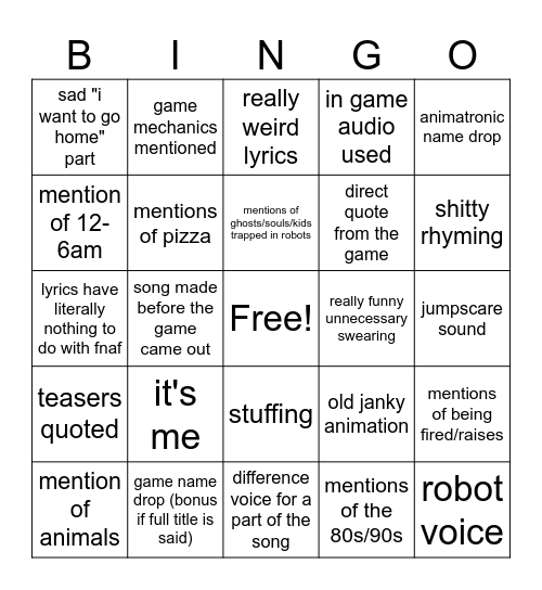 old fnaf song bingo Card