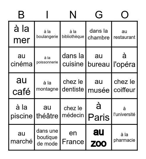 Le pronom y Bingo Card