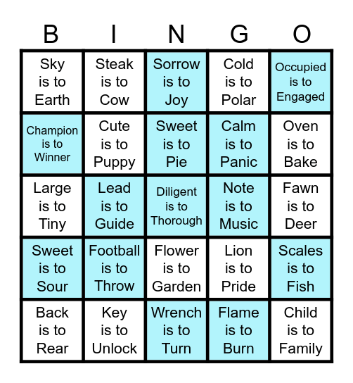Analogies (Word Relationships) Bingo Card