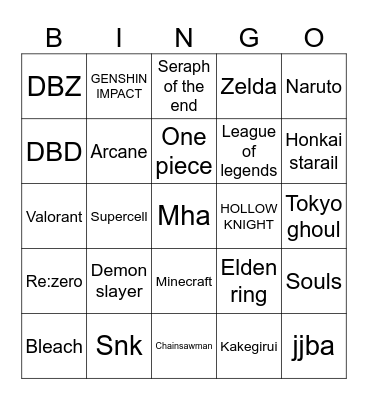 Animazia Bingo Card