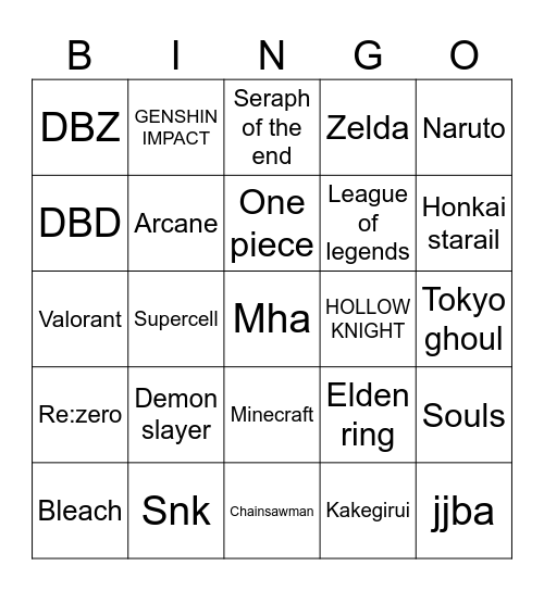 Animazia Bingo Card
